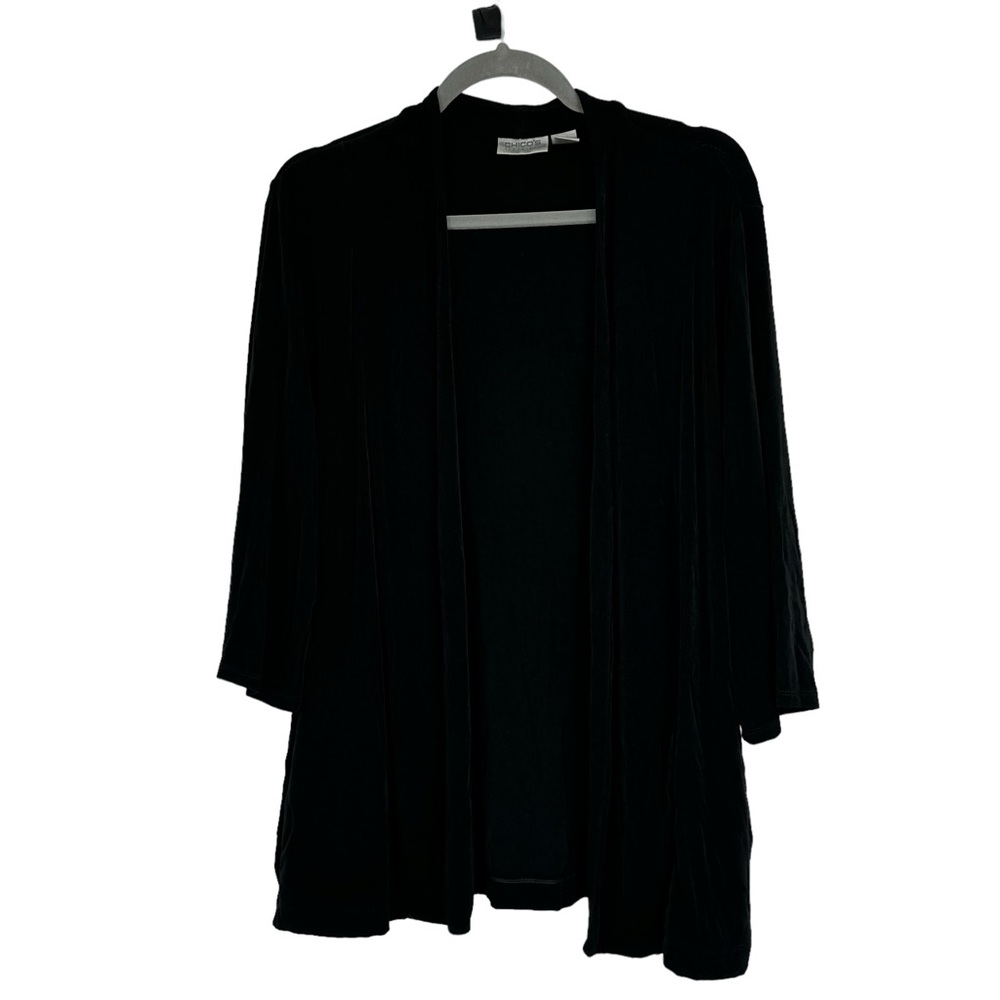 *Chico’s Travelers Size 2 (Regular Size 12) Black Acetate/Spandex Open Cardigan